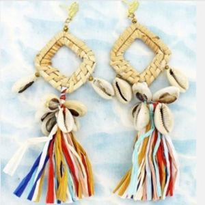 Boho Beach Babe Rattan Cowrie fringe statement dangle earrings
